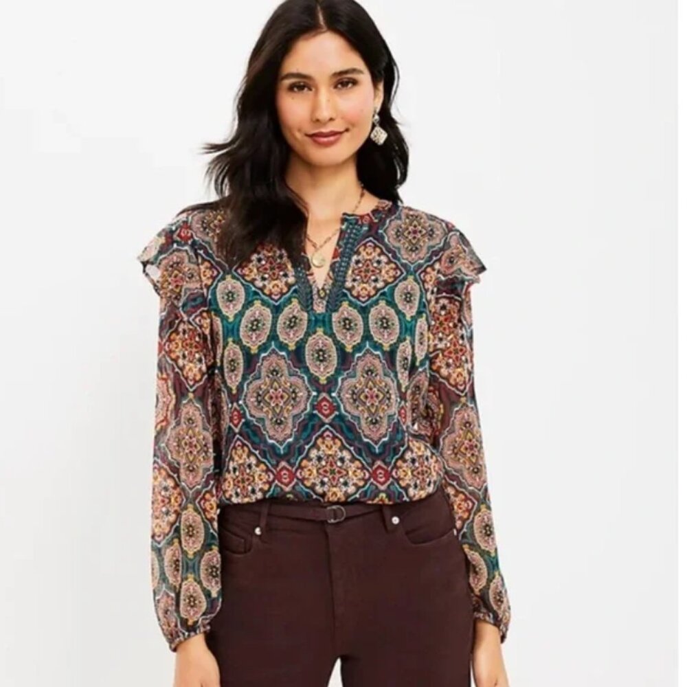 LOFT Green Medallion Print Blouse With Ruffle Shoulder L